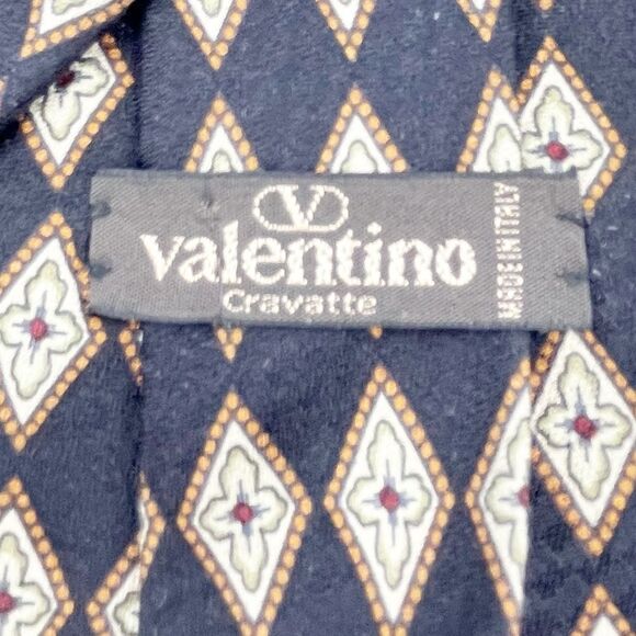 Vintage Valentino Cravatte 100% Silk Necktie Diamond Print Chocolate Gold Black - Picture 8 of 12